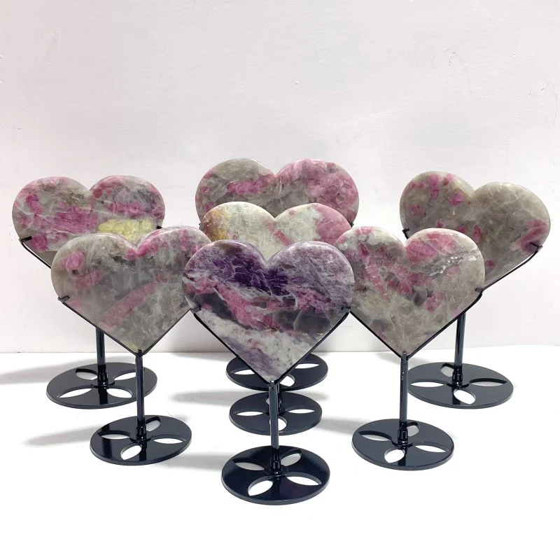 7 Pieces Pink Tourmaline Heart With Stand