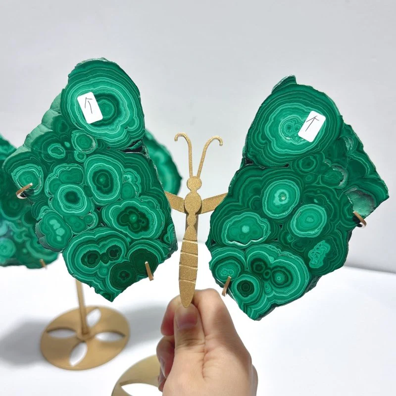 2 Pairs Polished Malachite Raw Slab Butterfly Wing Crystal Carving With Stand (#1) - Image 2