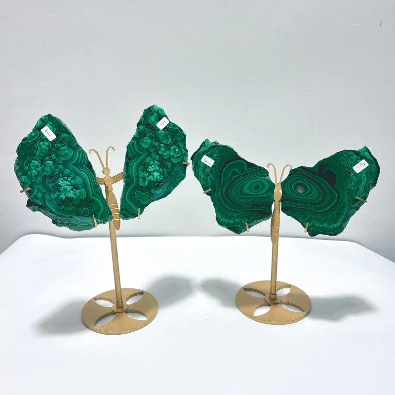 2 Pairs Polished Malachite Raw Slab Butterfly Wing With Stand (#3)