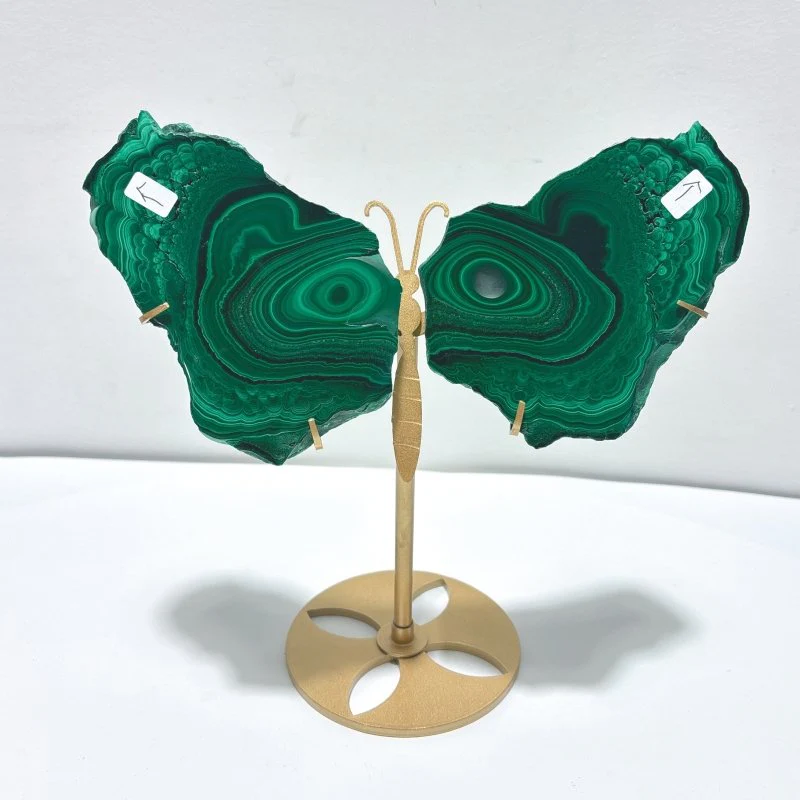 2 Pairs Polished Malachite Raw Slab Butterfly Wing With Stand (#3) - Image 2