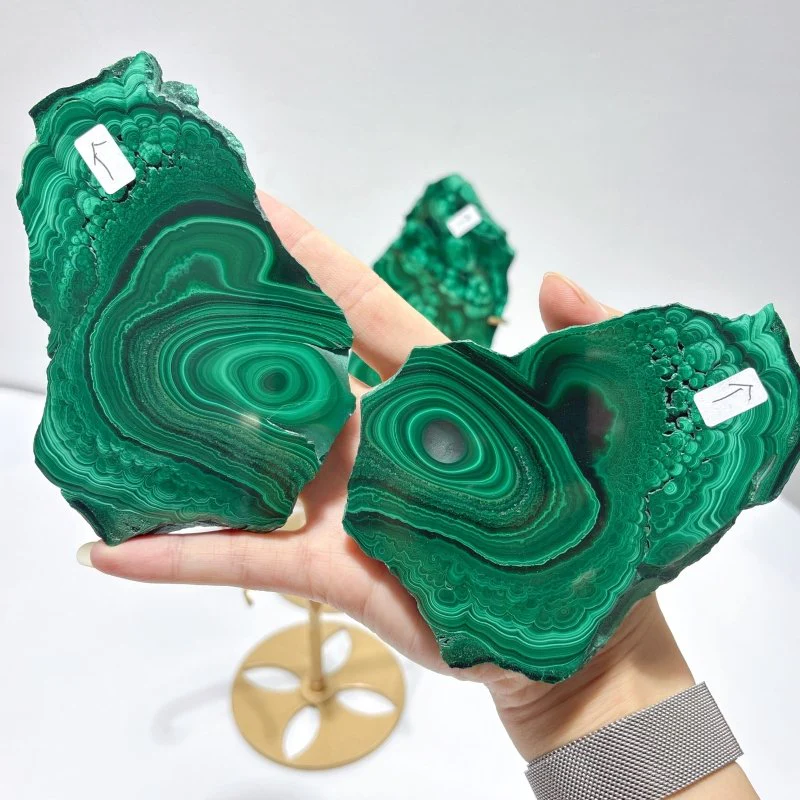 2 Pairs Polished Malachite Raw Slab Butterfly Wing With Stand (#3) - Image 3