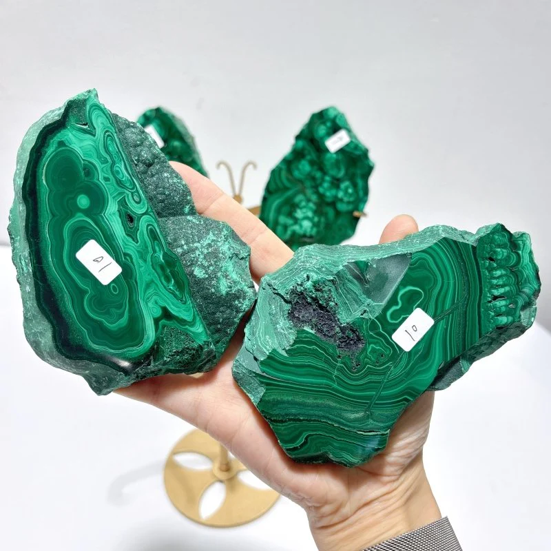2 Pairs Polished Malachite Raw Slab Butterfly Wing With Stand (#3) - Image 4