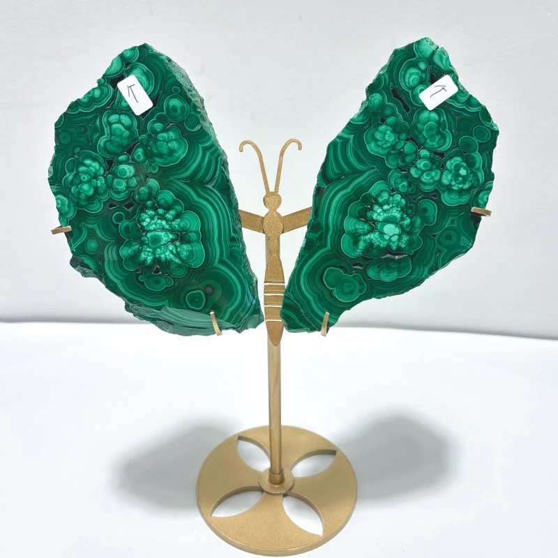 2 Pairs Polished Malachite Raw Slab Butterfly Wing With Stand (#3) - Image 5
