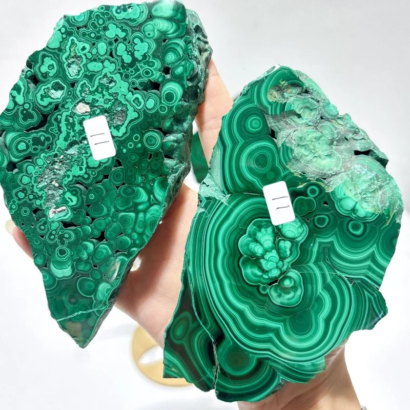 2 Pairs Polished Malachite Raw Slab Butterfly Wing With Stand (#3) - Image 7