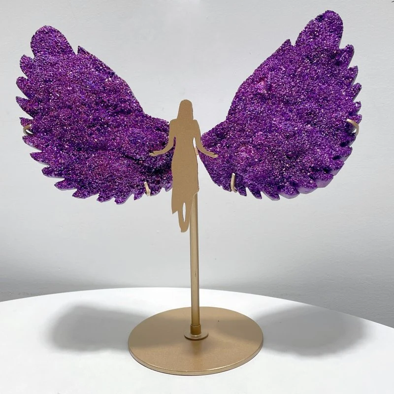 Purple Aura Quartz Cluster Angel Wing Carving With Stand