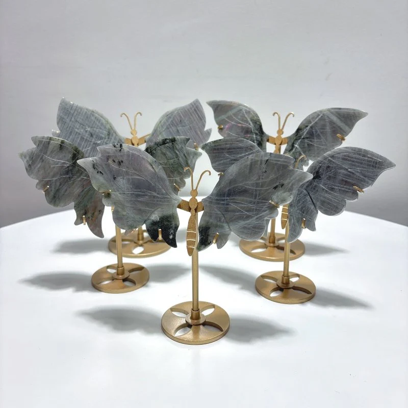 5 Pairs Purple Labradorite Butterfly Wing Carving With Stand