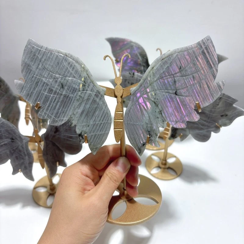 5 Pairs Purple Labradorite Butterfly Wing Carving With Stand - Image 5