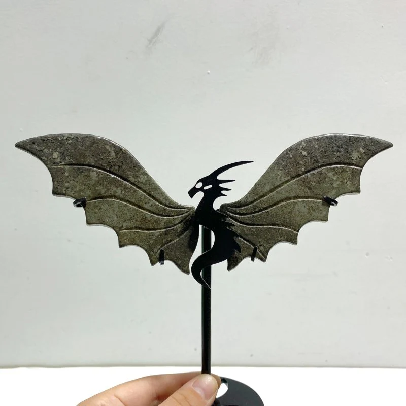 4 Pairs Pyrite Flying Dragon Wing Carving With Stand - Image 2