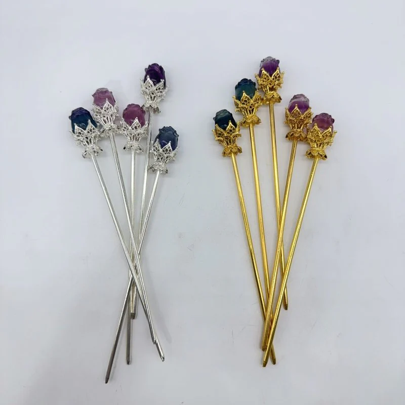 Rainbow Fluorite Rose Flower Hairpin Carving Wholesale - Image 2