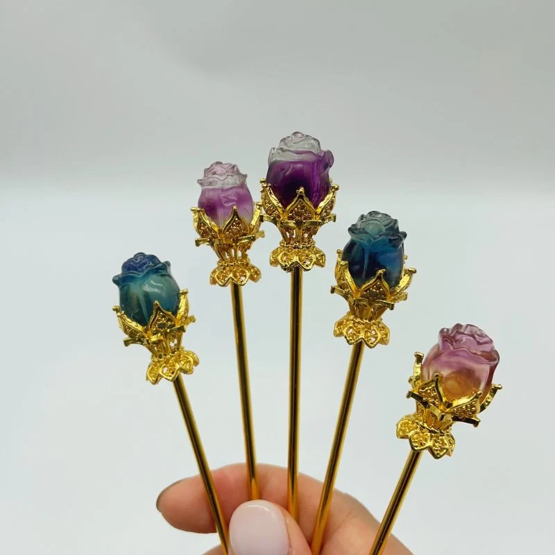 Rainbow Fluorite Rose Flower Hairpin Carving Wholesale - Image 3