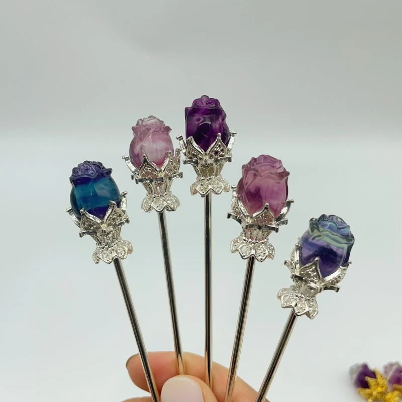Rainbow Fluorite Rose Flower Hairpin Carving Wholesale - Image 4