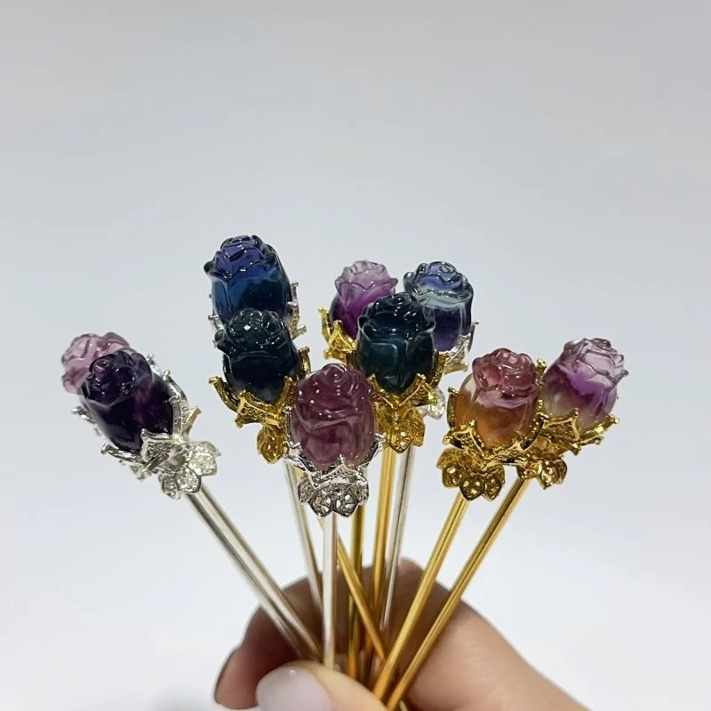 Rainbow Fluorite Rose Flower Hairpin Carving Wholesale - Image 5