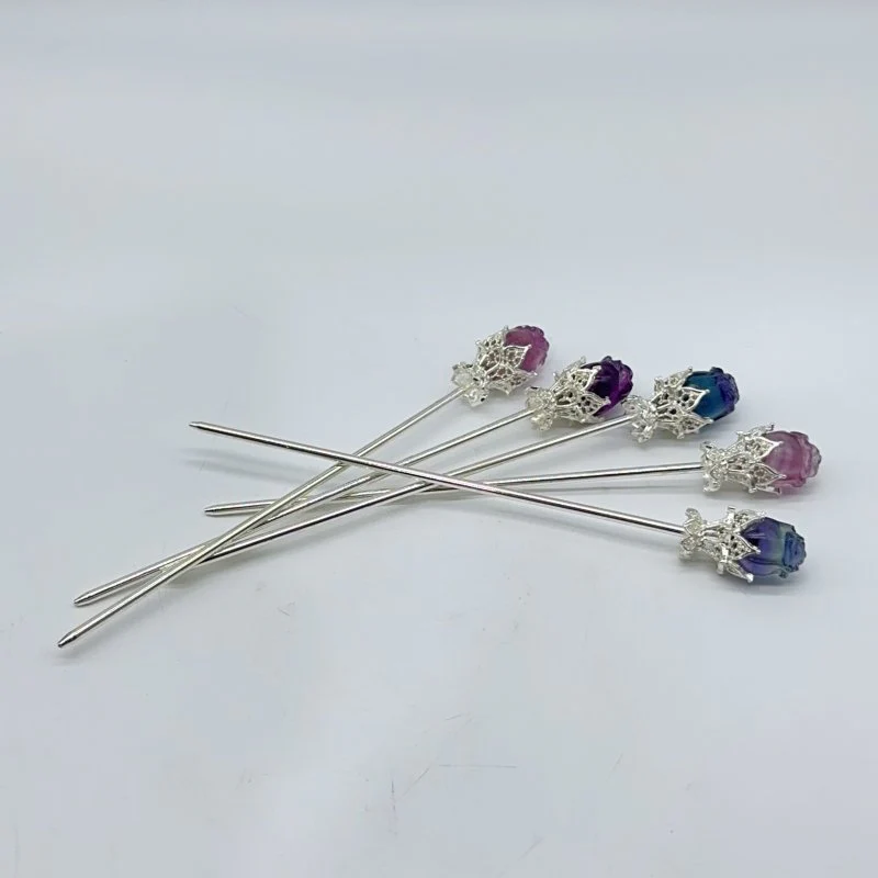Rainbow Fluorite Rose Flower Hairpin Carving Wholesale - Image 6