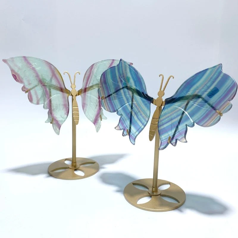 2 Pairs Rainbow Fluorite Symmetry Butterfly Wing With Stand
