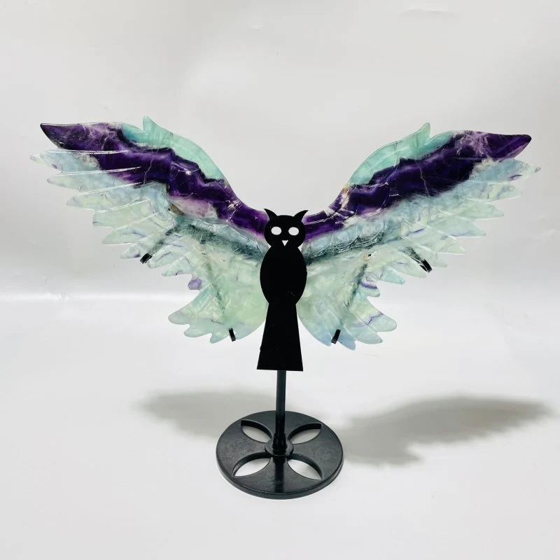 3 Pairs Rainbow Fluorite Symmetry Owl Wing Carving With Stand - Image 2