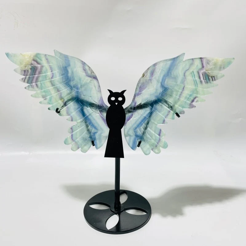 3 Pairs Rainbow Fluorite Symmetry Owl Wing Carving With Stand - Image 3