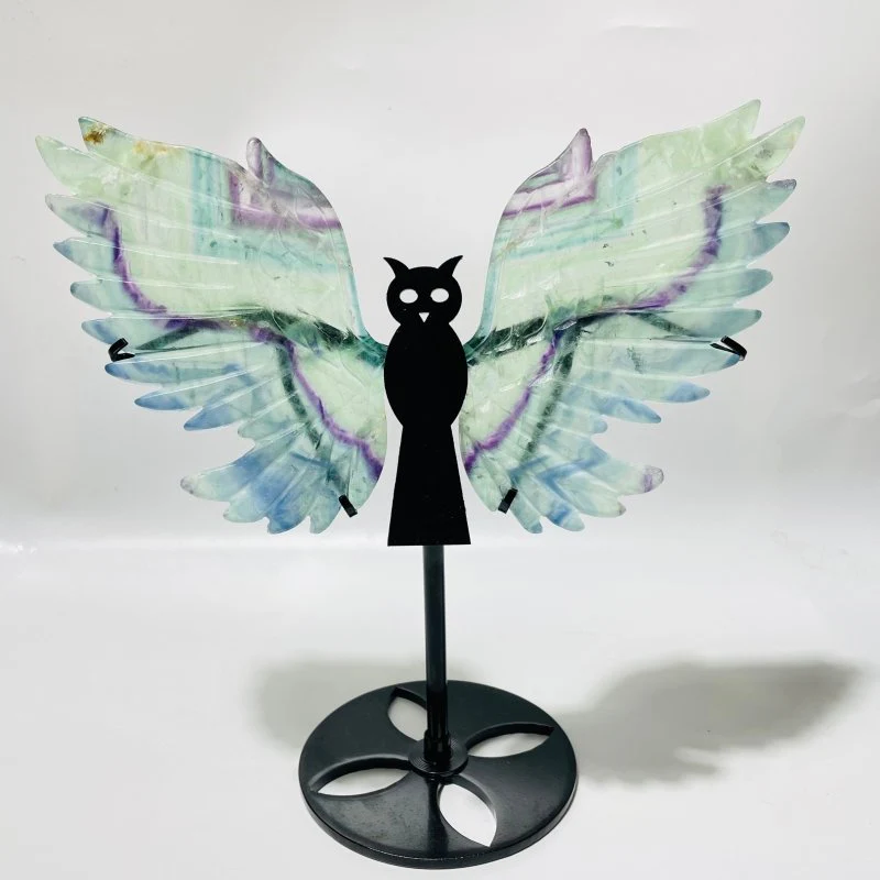 3 Pairs Rainbow Fluorite Symmetry Owl Wing Carving With Stand - Image 4