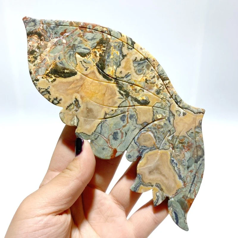 Rainforest Jasper Butterfly Wing Carving With Stand - Image 3