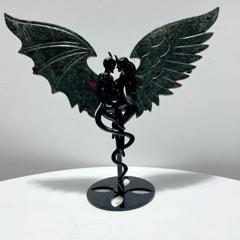 Red Garnet Demon And Angel Wing Carving With Stand