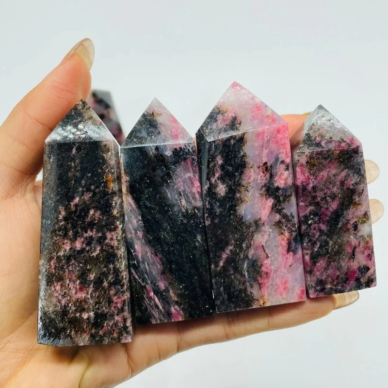 Pink&Black Rhodonite Four-Sided Tower Points Wholesale - Image 3