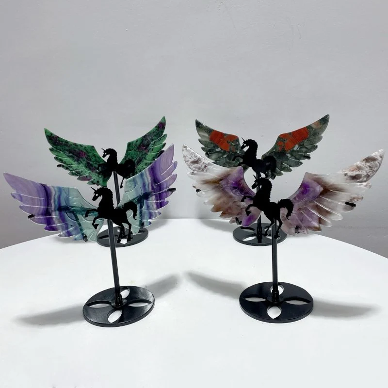 4 Pairs Mixed Pegasus Wing Carving With Stand Fluorite Chevron Amethyst