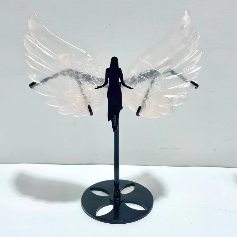 3 Pairs Rose Quartz Angel Wing Carving With Stand - Image 2