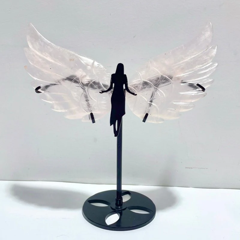 3 Pairs Rose Quartz Angel Wing Carving With Stand - Image 4