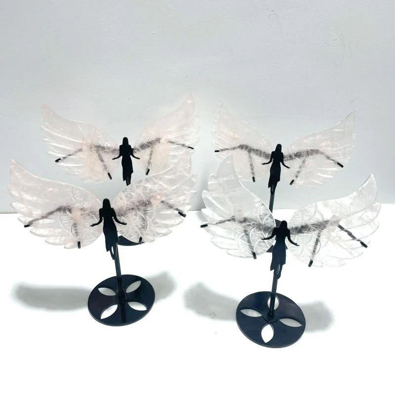 4 Pairs Rose Quartz Angel Wing Carving With Stand - Image 2