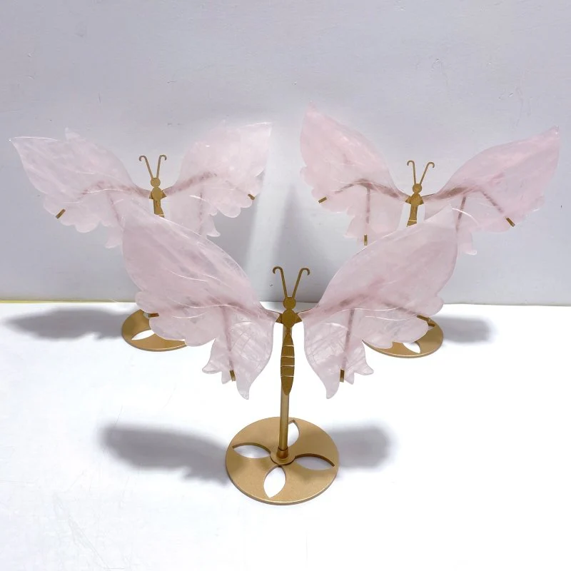 3 Pairs Rose Quartz Butterfly Wing Carving With Stand