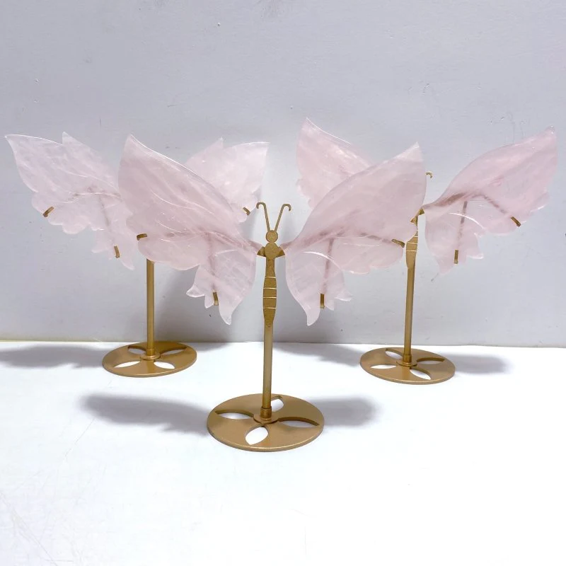 3 Pairs Rose Quartz Butterfly Wing Carving With Stand - Image 2
