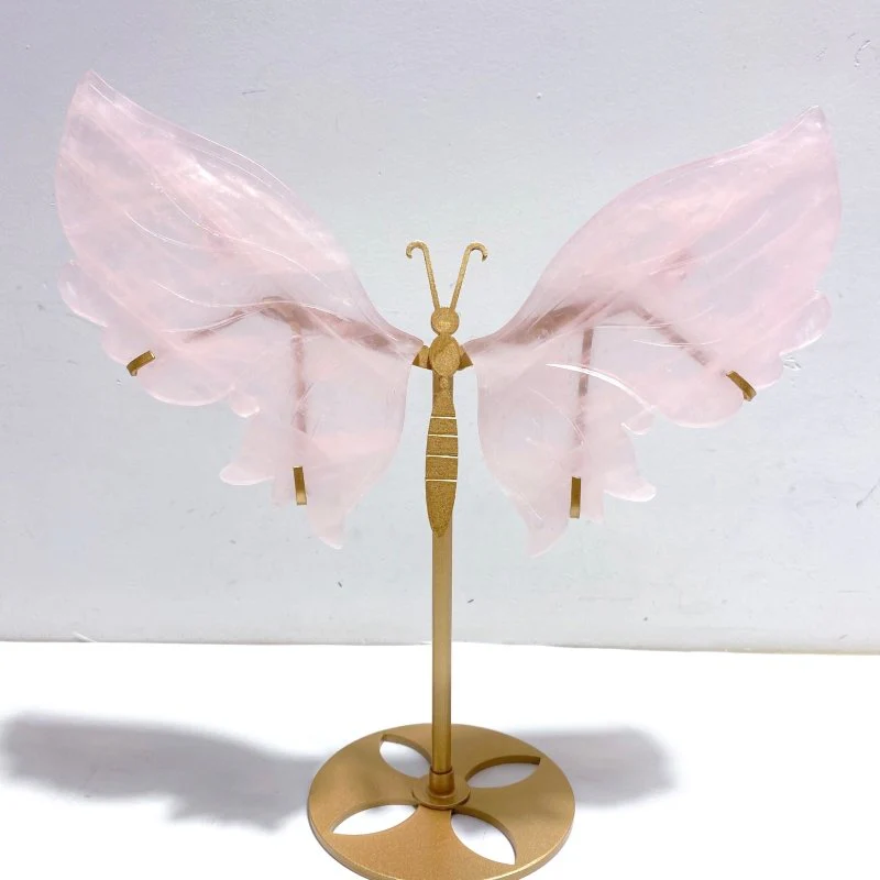 3 Pairs Rose Quartz Butterfly Wing Carving With Stand - Image 3