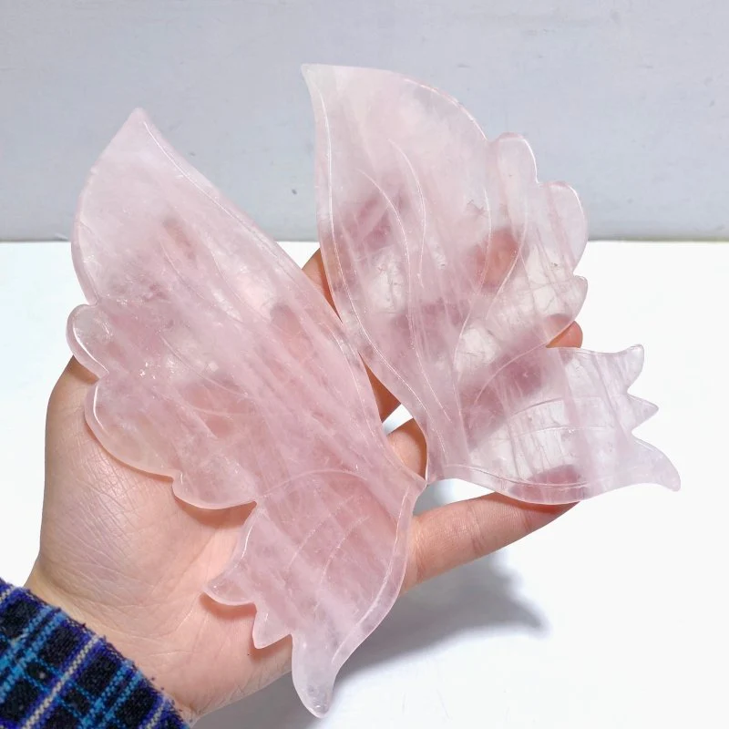 3 Pairs Rose Quartz Butterfly Wing Carving With Stand - Image 4