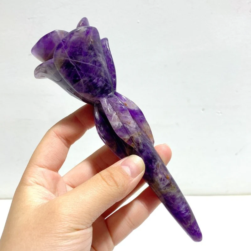 6 Pieces Rose Quartz Chevron Amethyst Flower Carving With Stand - Image 2