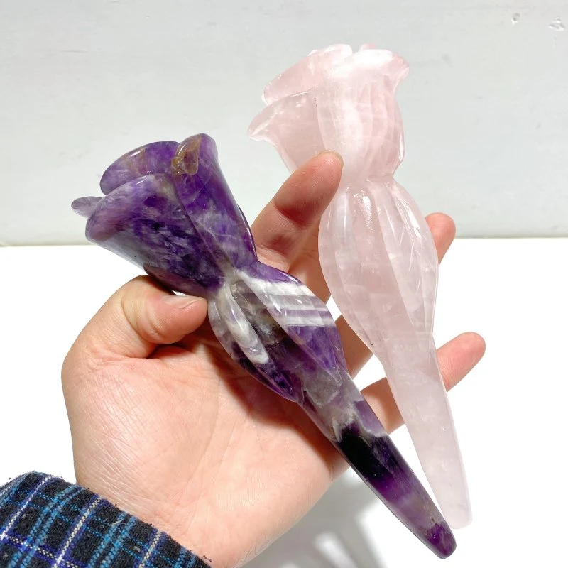 6 Pieces Rose Quartz Chevron Amethyst Flower Carving With Stand - Image 5