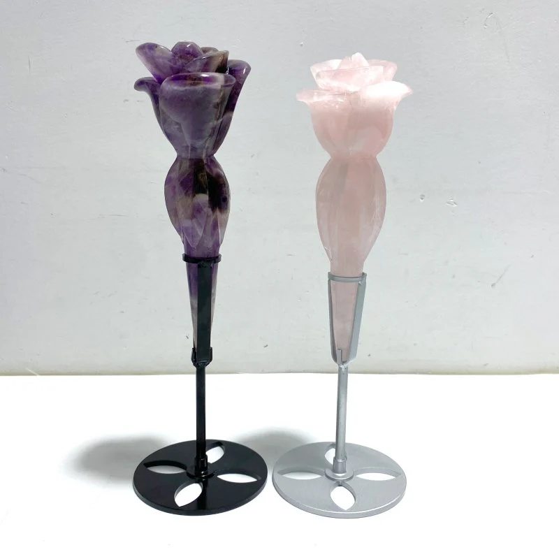 6 Pieces Rose Quartz Chevron Amethyst Flower Carving With Stand - Image 7