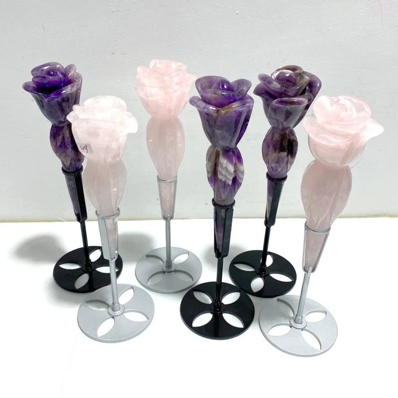 6 Pieces Rose Quartz Chevron Amethyst Flower Carving With Stand - Image 8