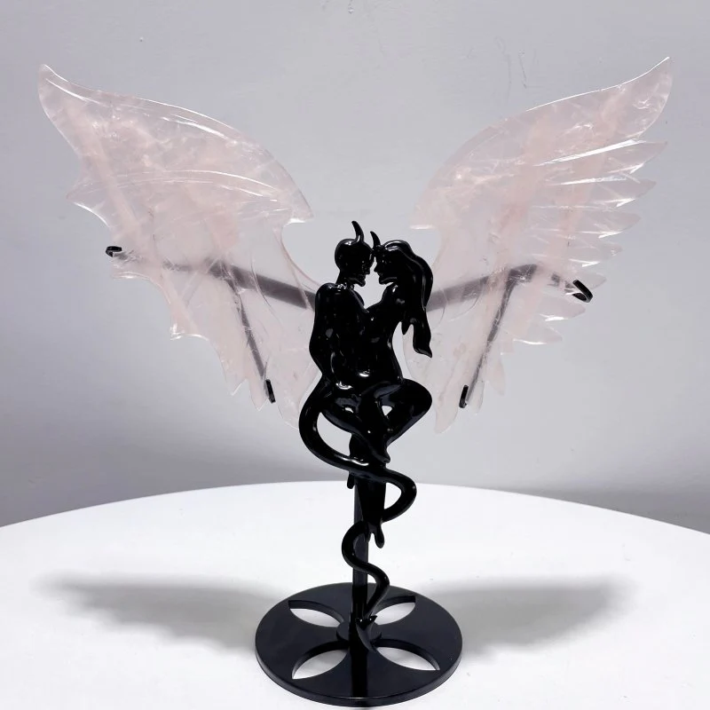 Rose Quartz Demon And Angel Wing Carving With Stand
