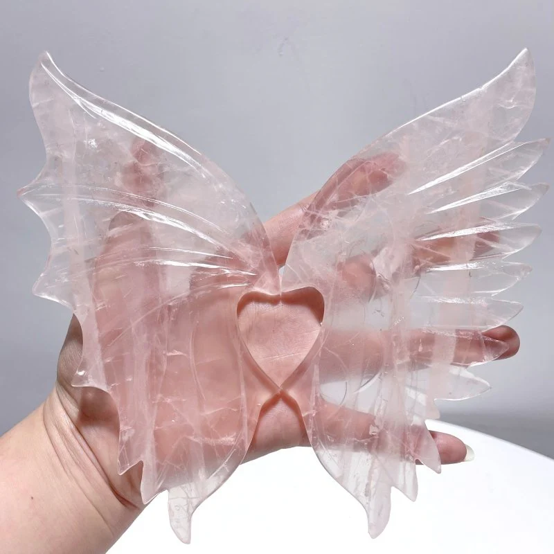 Rose Quartz Demon And Angel Wing Carving With Stand - Image 4