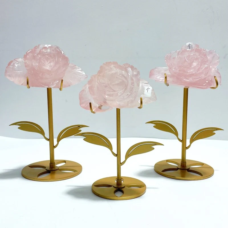 3 Pairs Rose Quartz Flower Carving With Stand