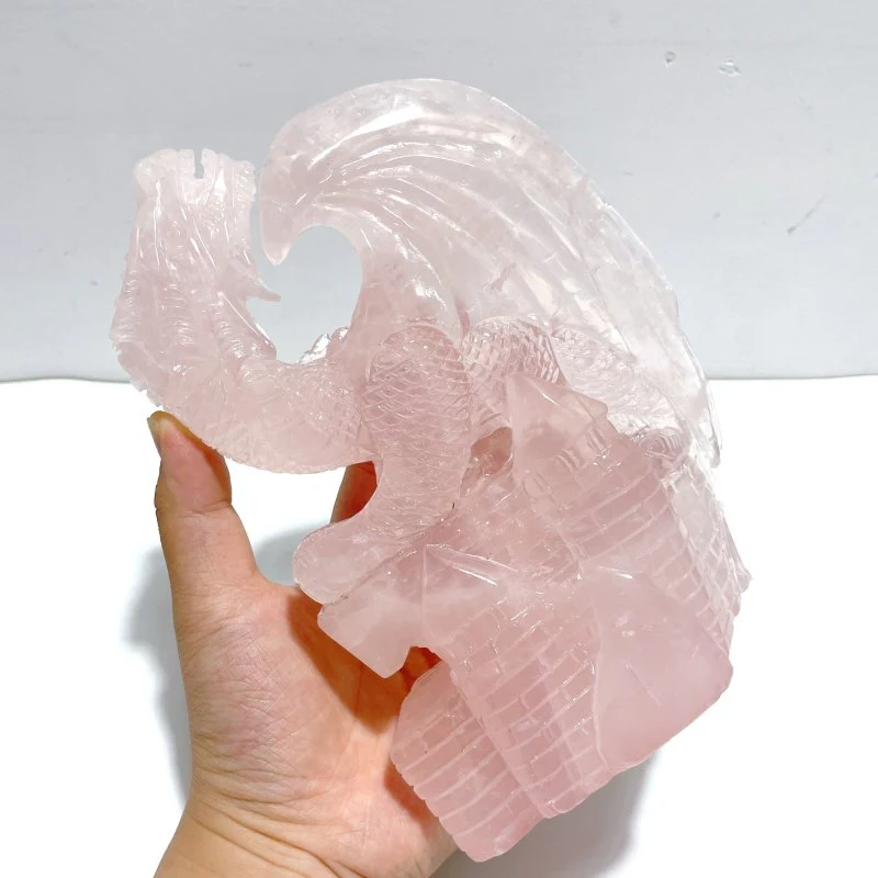 Beautiful Rose Quartz Flying Dragon Castle Carving - Image 4