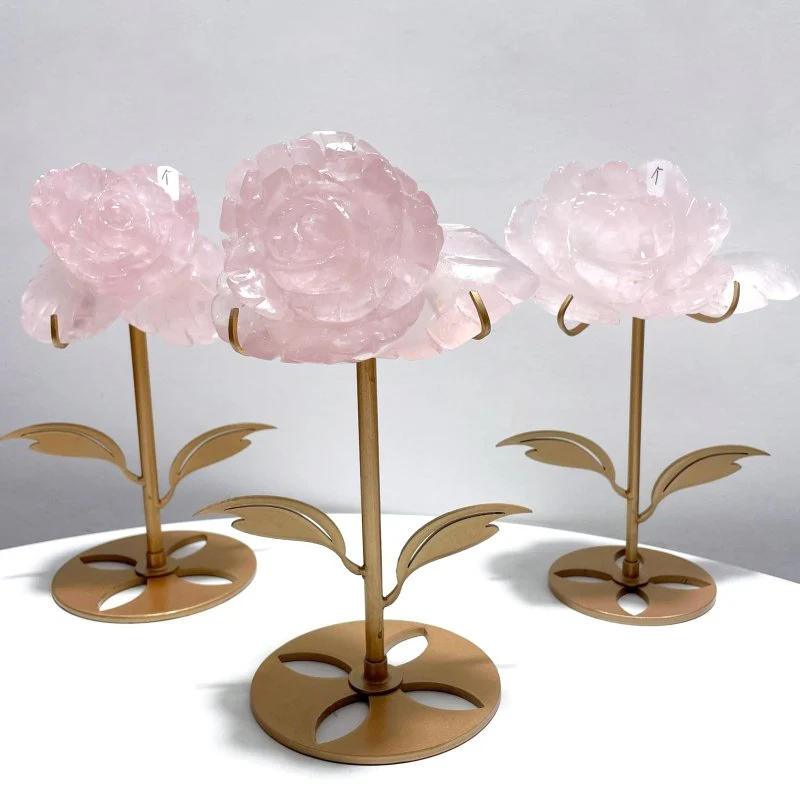 3 Pairs Rose Quartz Small Flower Carving With Stand