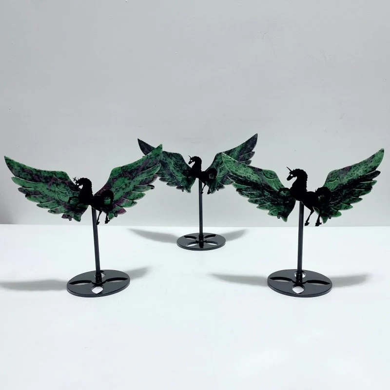 3 Pairs Ruby Zoisite Pegasus Wing Carving With Stand