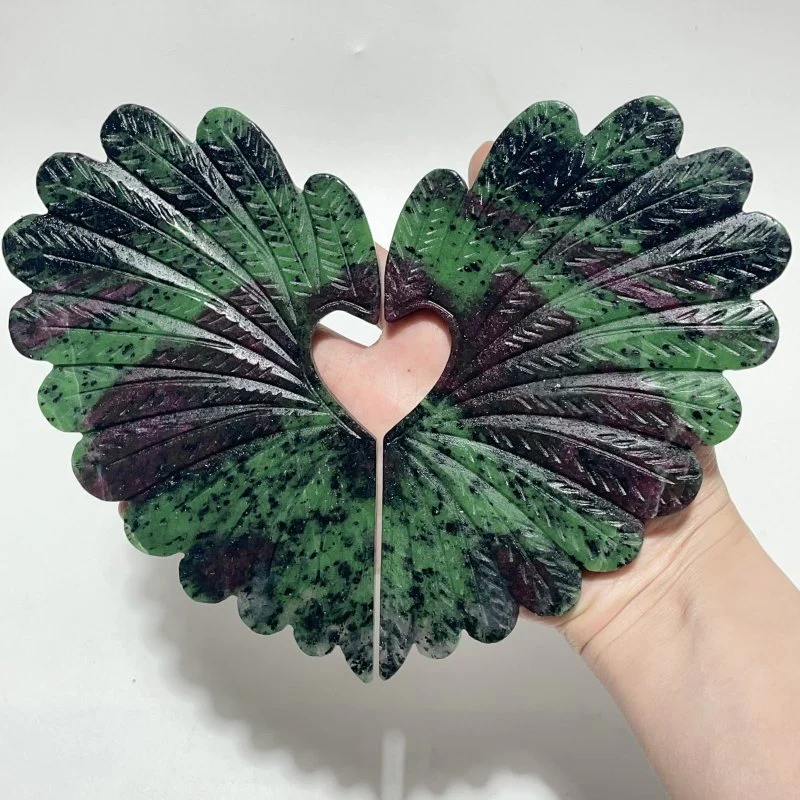 2 Pieces Ruby Zoisite Stone Feather Heart Carving With Stand - Image 2