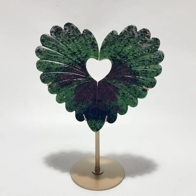 2 Pieces Ruby Zoisite Stone Feather Heart Carving With Stand - Image 3