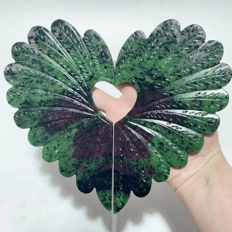 2 Pieces Ruby Zoisite Stone Feather Heart Carving With Stand - Image 4