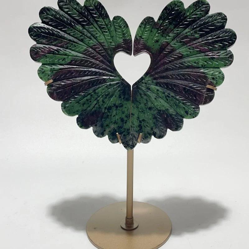 2 Pieces Ruby Zoisite Stone Feather Heart Carving With Stand - Image 6