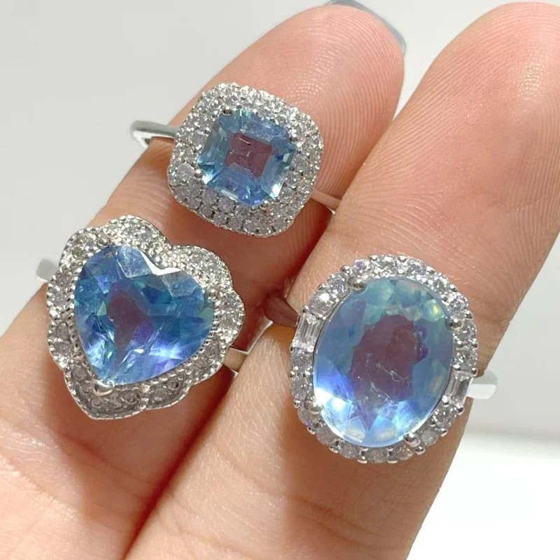 8 Pieces Beautiful High Quality S925 Sterling Silver Cut Faceted Aquamarine Different Styles Ring - Image 2