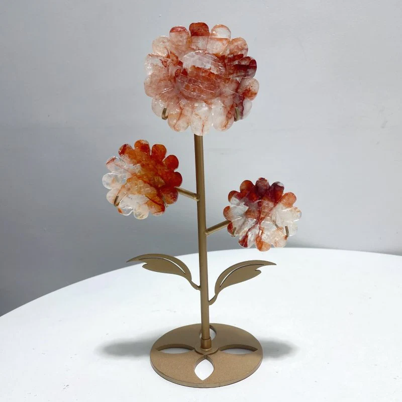 3 Pieces Sunflower Carving With Stand Pink Opal Fluorite Fire Quartz#1 - Image 4