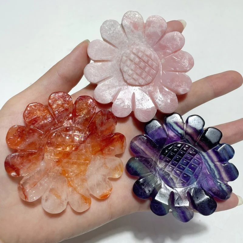 3 Pieces Sunflower Carving With Stand Pink Opal Fluorite Fire Quartz#1 - Image 5