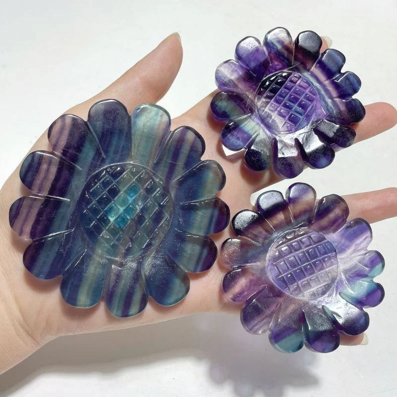 3 Pieces Sunflower Carving With Stand Pink Opal Fluorite Fire Quartz#1 - Image 6